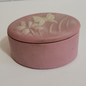 Vintage Pink Soapstone Butterfly & Flower Trinket Box Jewelry Pin Dish
